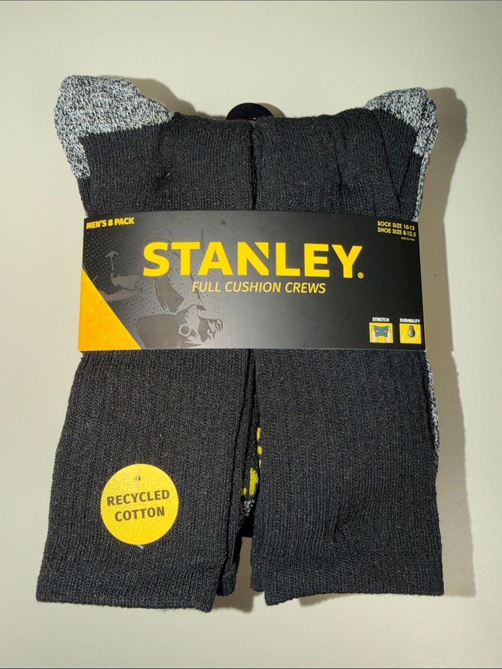 STANLEY Black Heather White Combo Cushioned Soft Cotton Blend Full Crew Socks